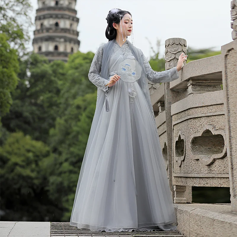 

Традиционное китайское платье Hanfu, женский кружевной костюм с вышивкой, сказочный стиль, этнический танцевальный костюм