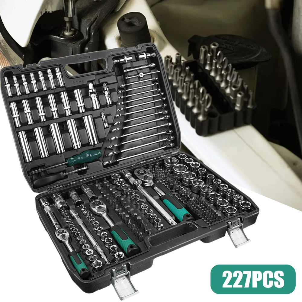 227-teiliges Mechaniker-Werkzeugset, 1/4 Zoll, 3/8 Zoll, 1/2 Zoll Steckschlüsselsätze mit Schraubenschlüssel, Socke, Schraubendreher-Werkzeugsatz für die Reparatur von Autos und Motorrädern