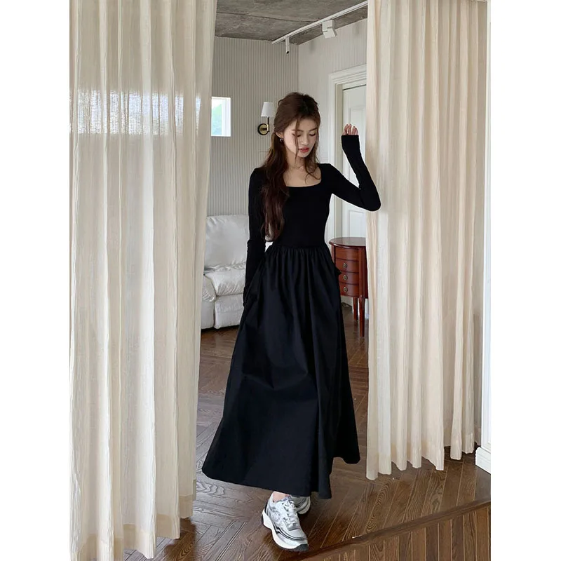 

HOUZHOU Vintage Square Collar Black Dresses for Women Elegant Long One-piece Dress Gown Long Sleeve Casual Bodycon Midi Dress
