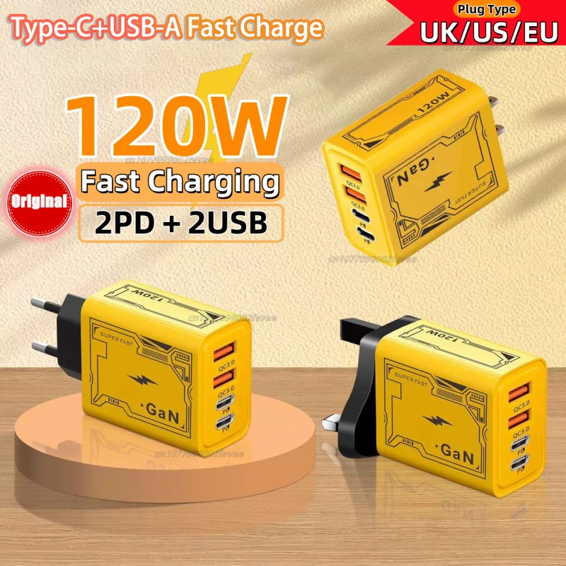 Chargeur d'origine 120W EU/UK/US 4 Ports charge Ultra rapide type-c GaN chargeur de téléphone USB-C QC 3.0 adaptateur de téléphone universel
