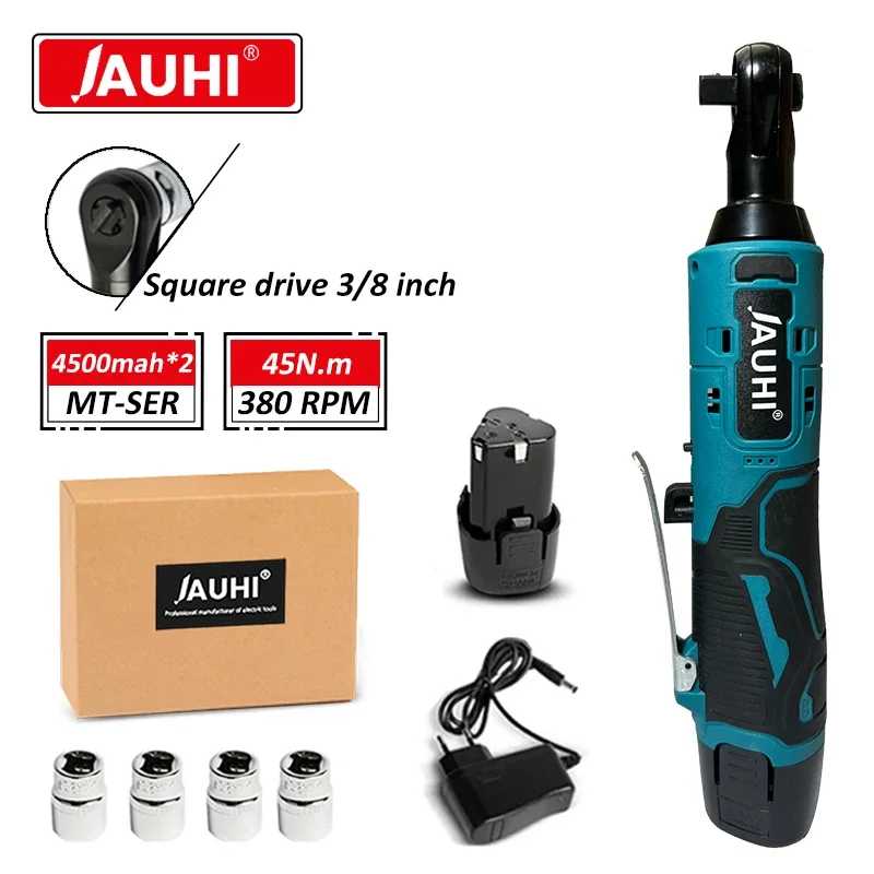 JAUHI 60NM Cordless Electric Wrench 12V 3/8 Ratchet Wrench set Angle Drill Screwdriver to Removal Screw Nut Car Repair Tool
