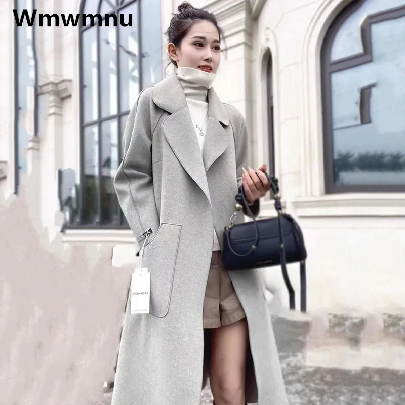 

Winter Women's Warm Woolen Trench Coats Korean Fashion Long Blend Wool Jackets Thicken Unlined Plush Belt Casual Overcoat 2023