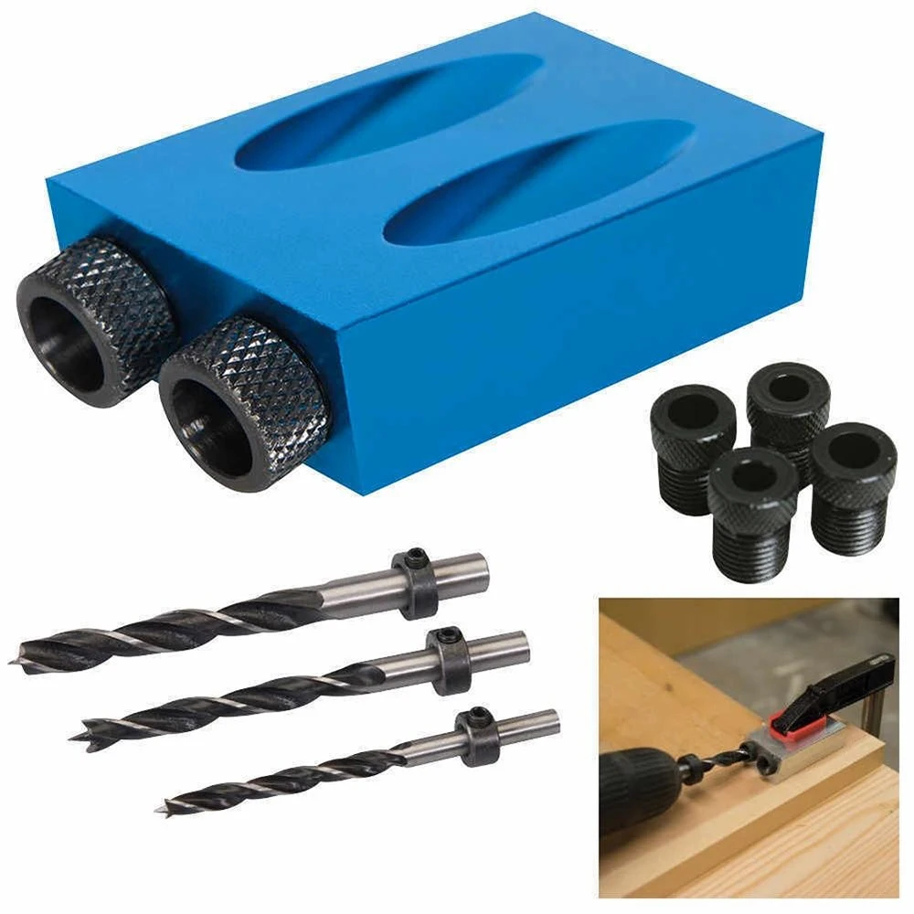 

Woodworking Oblique Hole Locator Pocket Jig Kit 15 Degree Drill Bit Guides Joint Angle Drive Adapter Locator Carpentry Tool