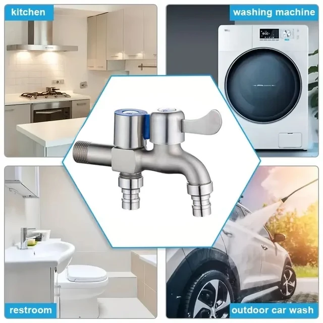 Stainless Steel Faucet Double Outlet Dual Control Water Tap One in Two Out Faucet 1/2" Bidet Faucets Bathroom Accessories 5