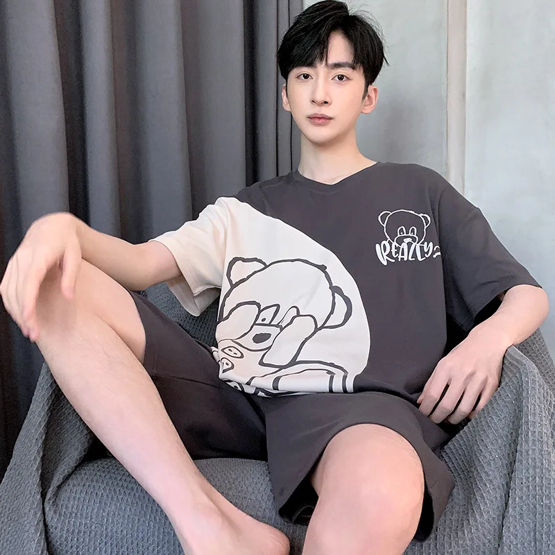 2 Sets of Men's Pajamas Set of Knitted Cotton Students Homewear Short-Sleeved Shorts Cartoon Top Shorts Sleepwear Loungewear