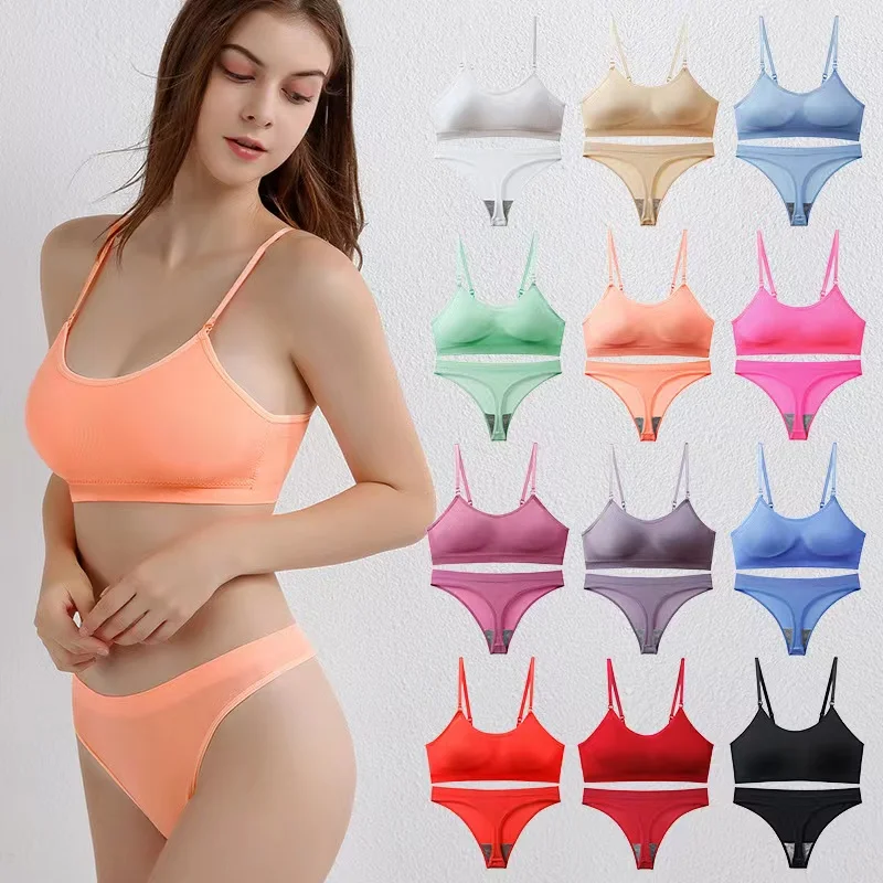 Wireless Women's Candy Color Bra Set Ribbed Seamless Female Lingerie Sexy  Hot Sexy Underwear Push Up A Solid Bra and Thong Combo - AliExpress