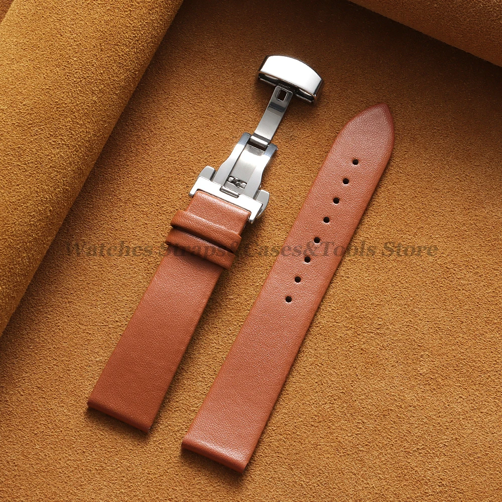Luxurious Soft Calfskin Leather Watch Strap with Butterfly Buckle - Universal Fit