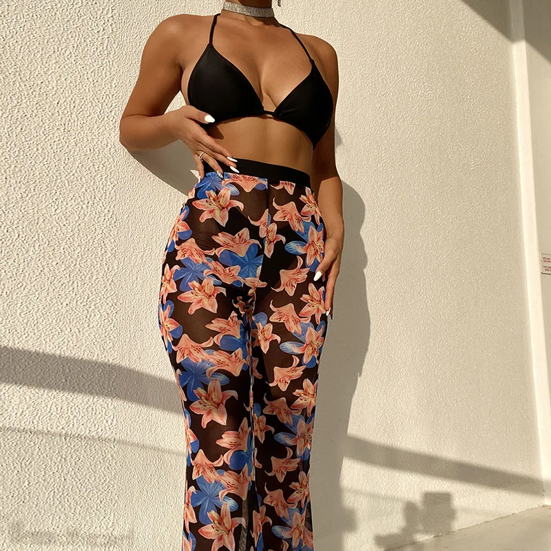 swimwear Prowow Women Swimsuits Black Binikis Set with Flower Mesh Pant Three Piece Bathing Swimming Wear 2021 New Summer Beach Outfits black bikini set