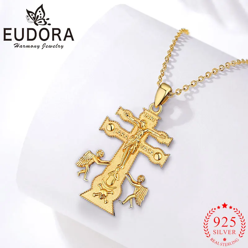 Eudora New 925 Sterling Silver Caravaca Cross Necklace 18K Gold Jesus Cross Pendant Men Women Religious Jewelry Exquisite Gift