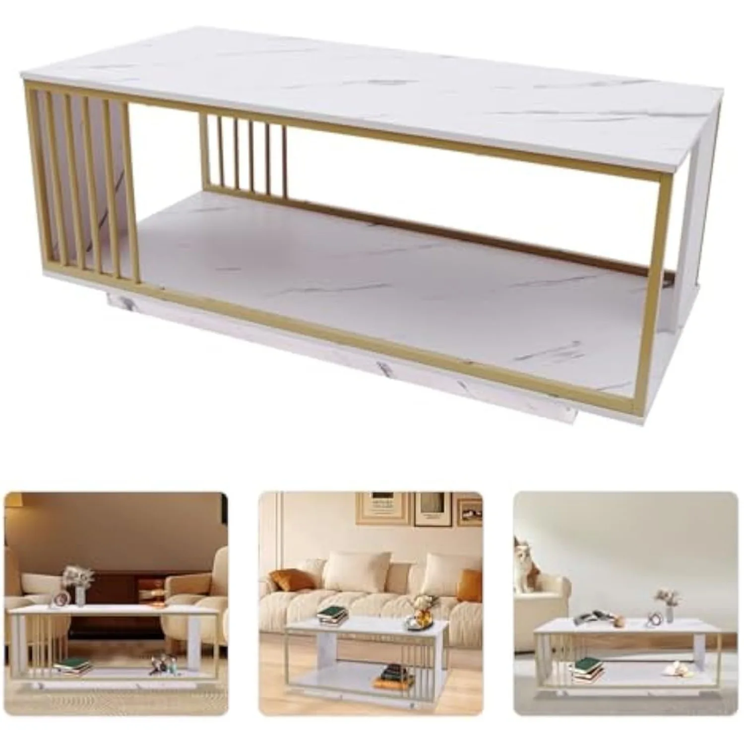 Modern White Marble Veneer Coffee Table, 2 Tier Rectangular Coffee Table with Gold Frame Sofa End Table for Living Room Bedroom 3