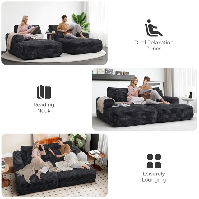 93" Oversized double Chaise Lounge, Deep Seat Cloud Plush Sofa Bed, No Assembly Required, Modern Corduroy Sleeper Loveseat Chai 3