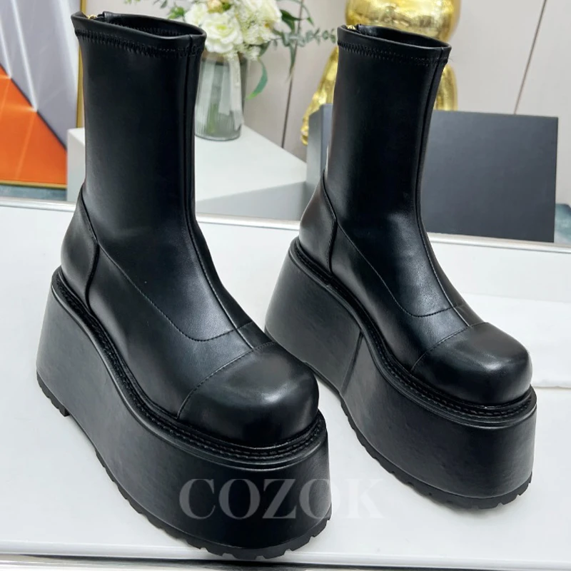 

Early Autumn New Short Boots Solid Color Sewing Upper Design Platform Women Boots Round Head Thick Bottom Ladies Shoes