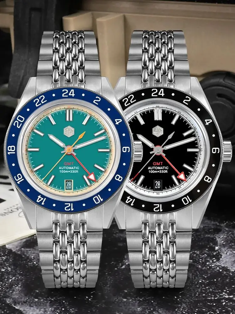 San Martin Original 39.5mm NH34 GMT Men Mechanical Wristwatch Fly Adjustable Clasp Sports Watch Waterproof 10Bar Relojes SN0116