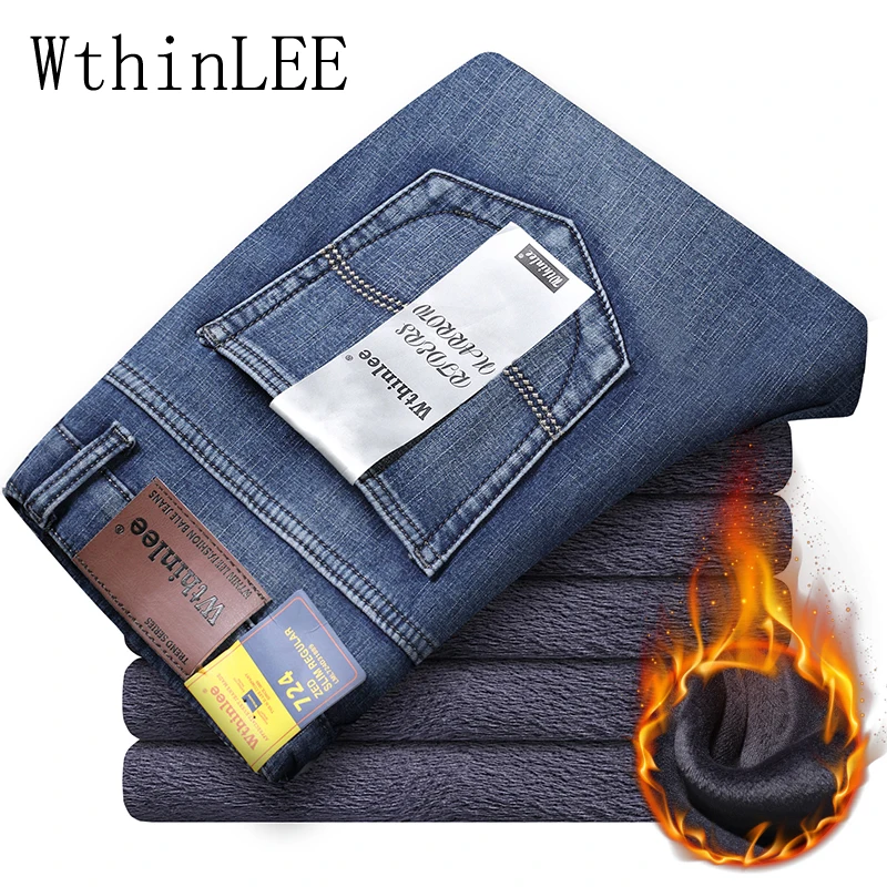 

Winter Thermal Warm Flannel Stretch Jeans Mens Winter Quality Famous Brand Fleece Pants Straight Flocking Trousers Denim Jean 40