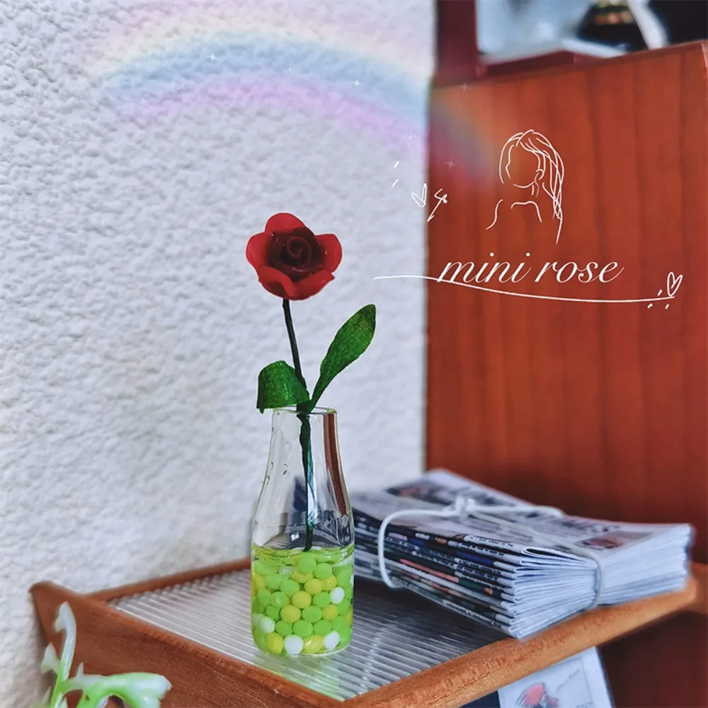 Miniature Dollhouse Miniature Rose Model Flower Vase Mini Floral 1:12 Scale Dollhouse Flower Rose Creative