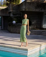 Jamie Hollow Embroidery Round Neck Slit skirt Set 3