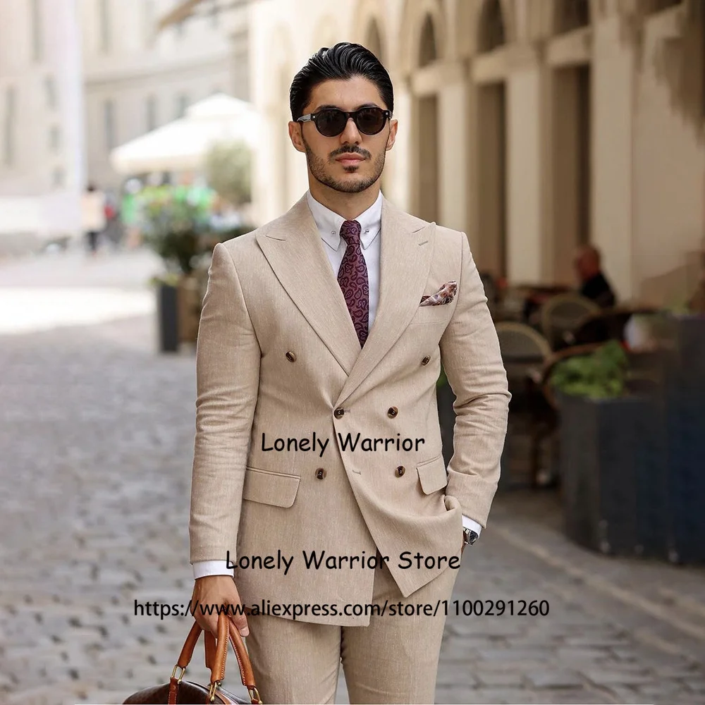 

Fashion Beige Suits For Mens Double Breasted Business Blazer Wedding Groom Tuxedo 2 Piece Set Daily Jacket Pants Terno Masculino
