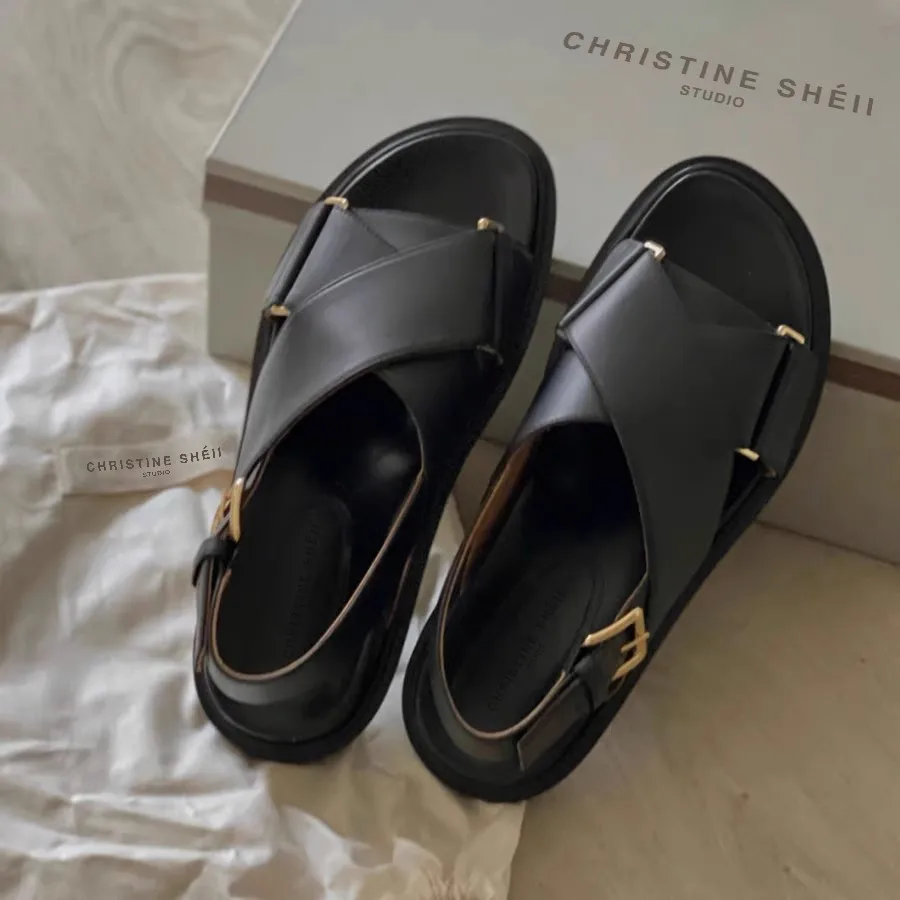 TOPHQWS Genuine Leather Luxury Brand Women' Flat Sandals Casual Slip On Platform Roman Sandals  2024 Trend Summer Shoes Slippers