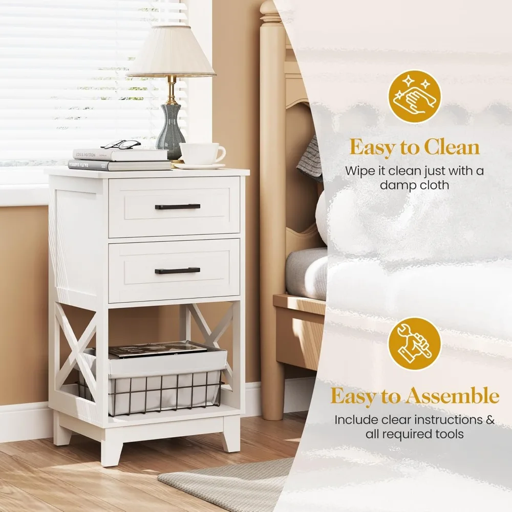 Tall Nightstand, White Side Table with Drawers and Open Shelf Below, Bedside Table with Solid Feet 4