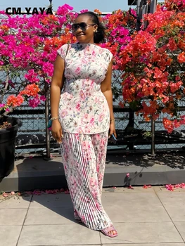 CM.YAYA Women Set Floral Print Short Sleeve Pleated T-Shirt + Wide Leg Pants 2025 Street Sexy Two 2Piece Sets Outfits Tracksuit 1