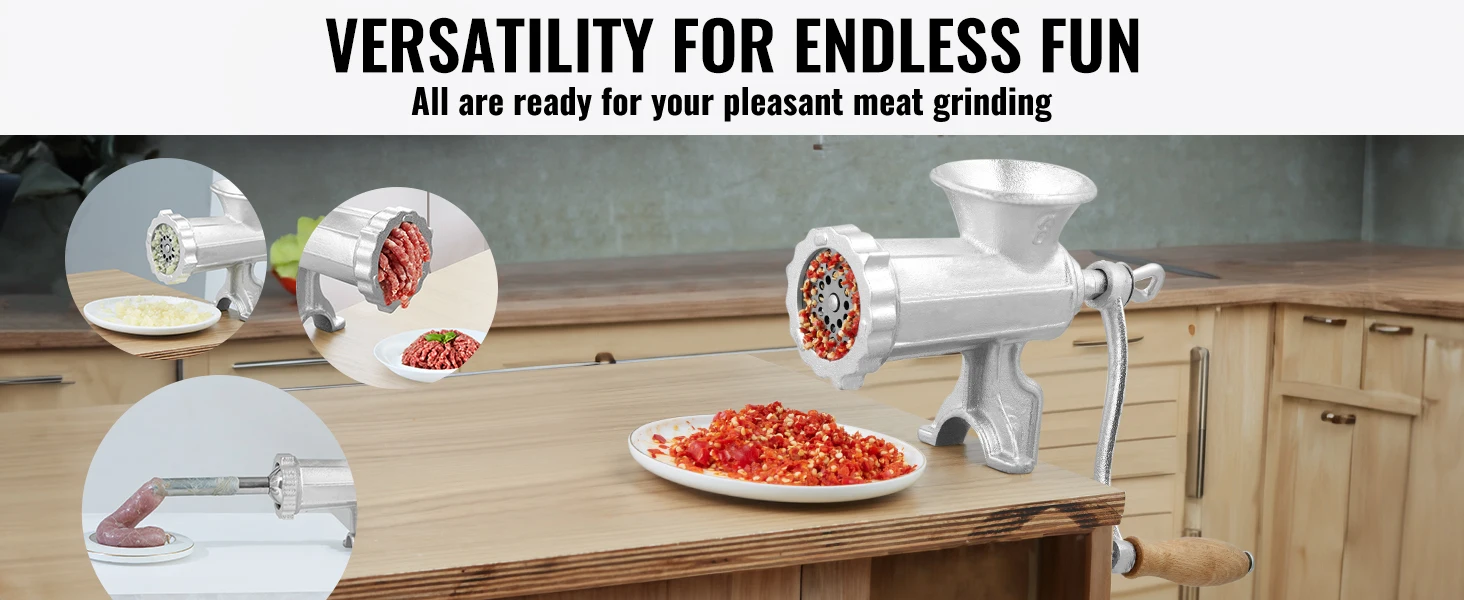 VEVOR manual meat grinder on a kitchen counter with ground meat and diced vegetables.