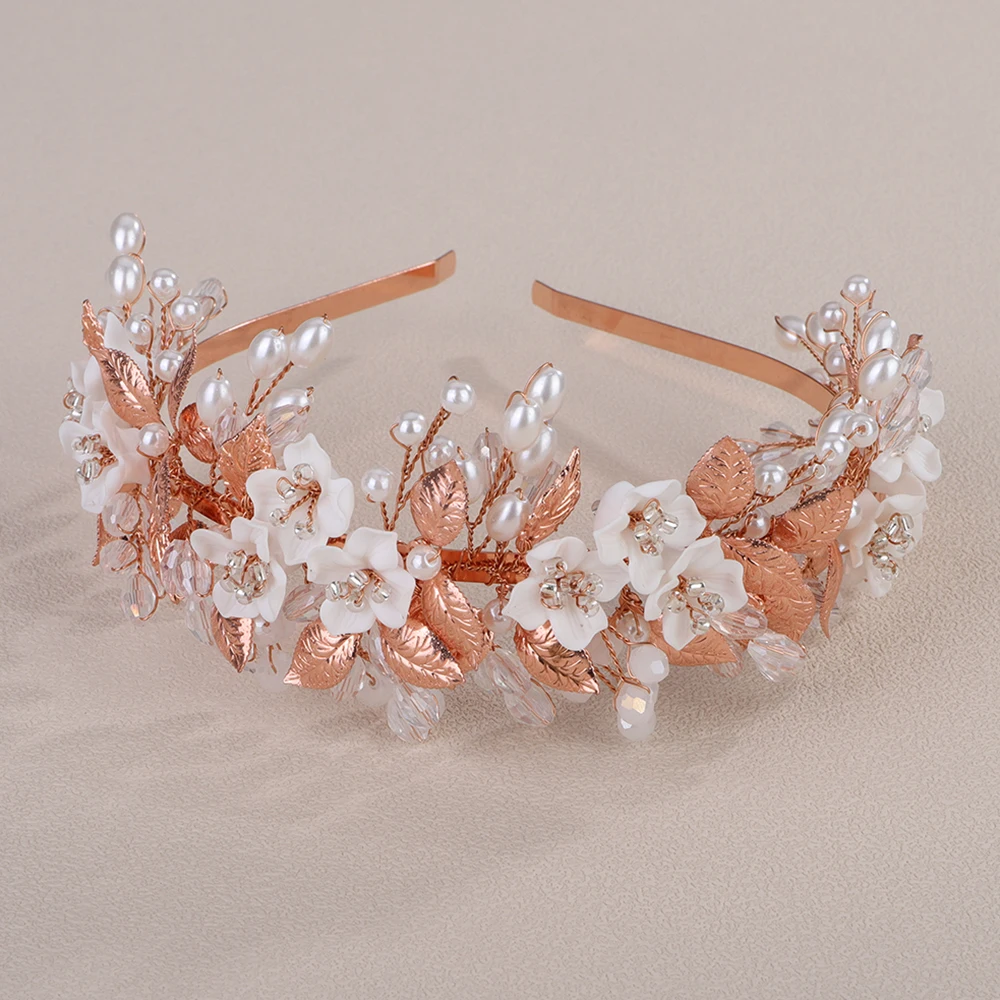 Bridal Hair Accessories Flower Leaf Diamonds Bridal Crown Pearl Crystal Wedding Headband for Women
