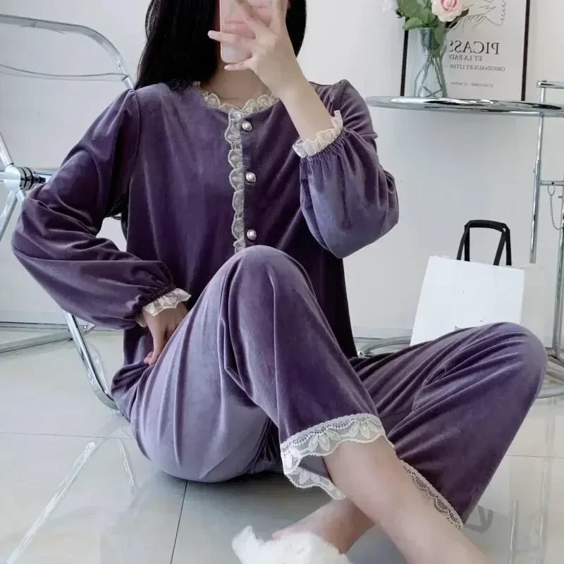 

Long Lace Pijamas Autumn Women Suit Winter Sleepwear Pajamas Trouser Sleeve Lingerie Set Shirt Velvet Velour Homewear