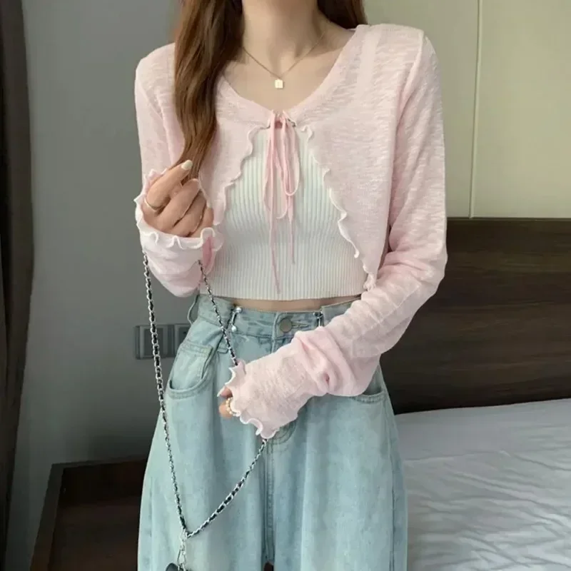 여성용 크롭 가디건, 슬림 레이스, 긴팔, 얇은 시스루 스웨터, 재킷 커버 상의, 4 가지 색상, 신상 기본, 여름