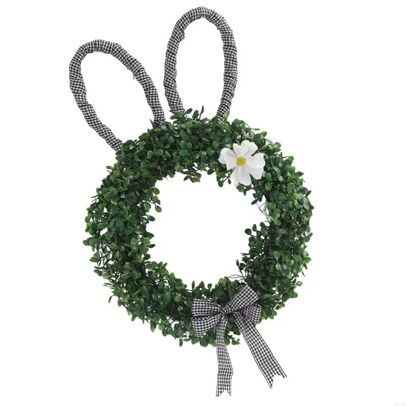 Langlebiger, wetterbeständiger Osterkranz aus Kunststoff mit Kaninchen und weißen Blumen für Gartendekorationen Freien. B03E – Detail 2