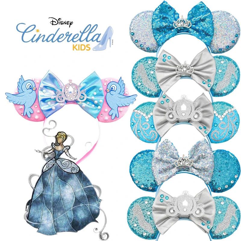 Disney Cinderella Ears Headband For Women Crown Bow Sequins Hairbands Girl Crystal Shoes Hair Accessories Kids Carnival Hairband