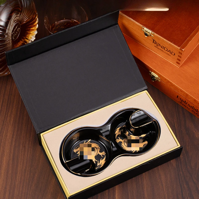 Cigar Ashtray Creative Dragon Year 8 Shape Double Smoke Slot Ceramic Portable Retro