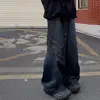 American Spring and Autumn Season Men and Women Trendy Personalized Straight Tube Washed Jeans Couple Wide Leg Casual Pants y2k 1