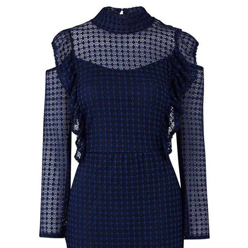 Plus Size Elegant Sexy Hollow Ruffle Lace Bodycon Party Dresses for Women Fashion Off Shoulder Long Sleeve Club Midi Dress Robe