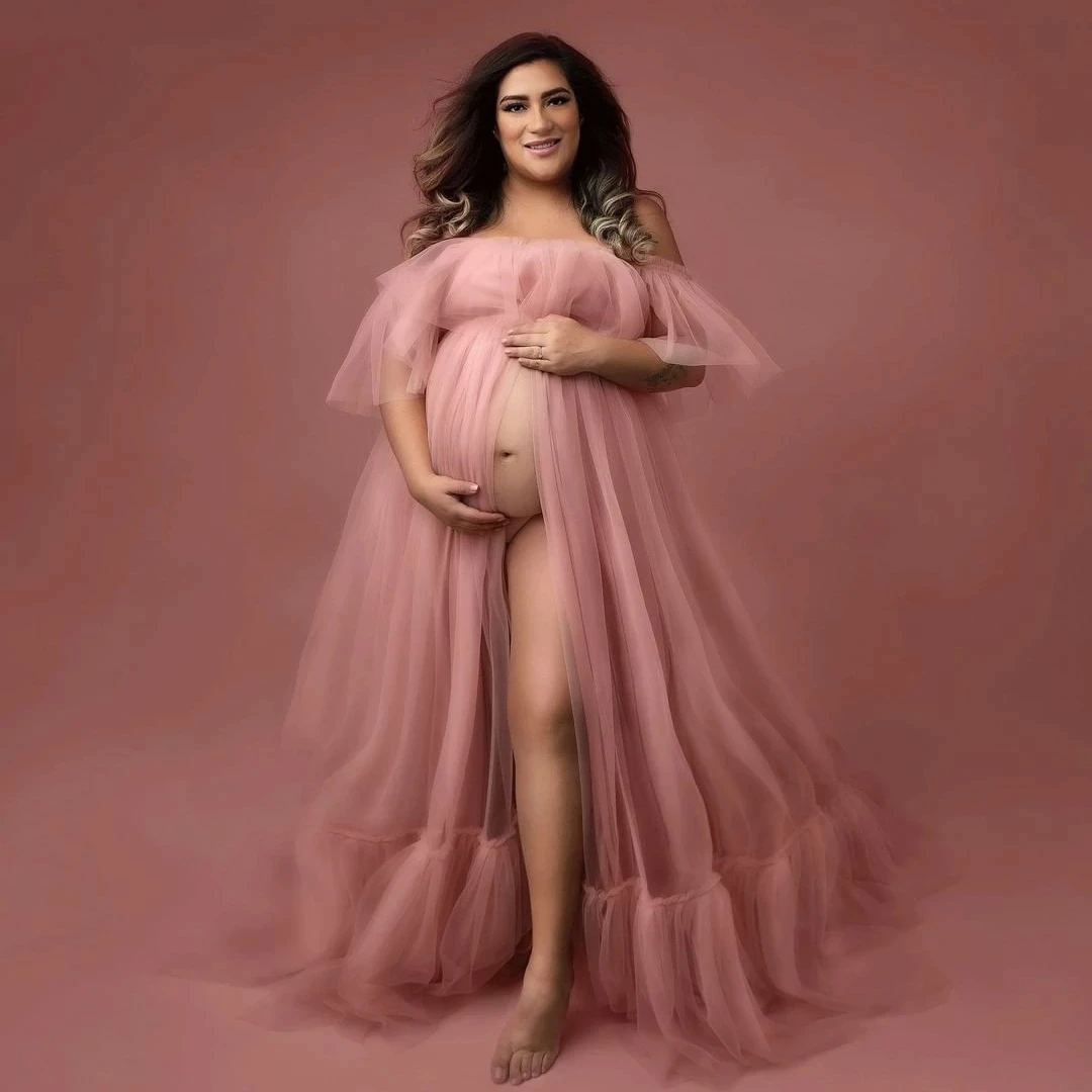 

Pink See Through Tulle Maternity Dresses for Photography Sheer Pregnant Woman Dress Photo Shoot Robes Sleepwear Robe