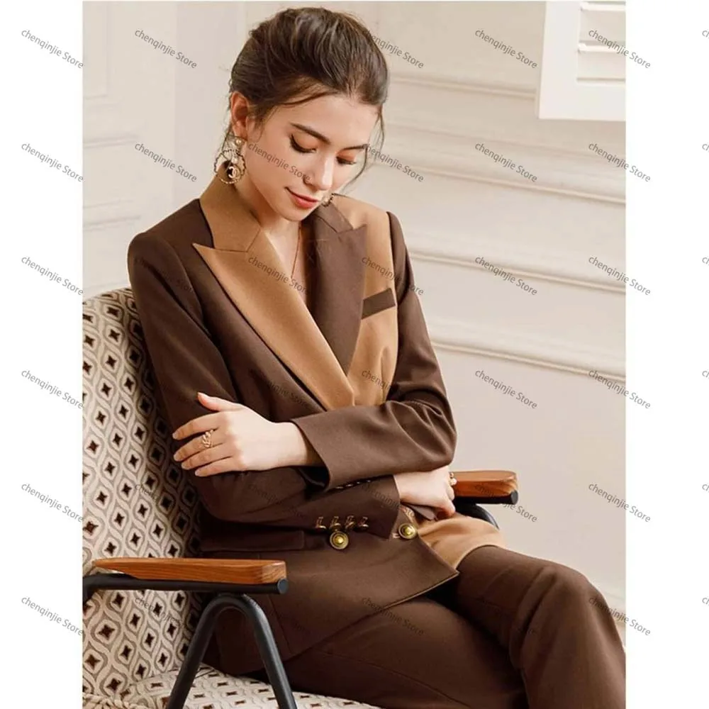 Formal Office Lady Slim Fit 2 Piece Suits Brown Khaki Double Breasted Peak Lapel Blazer Elegant Business Female Tailor Clothing 2
