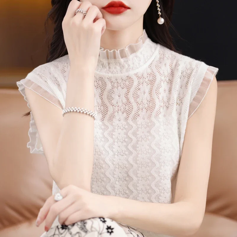 

Женская кружевная блузка без рукавов, Элегантная трикотажная однотонная блузка с оборками и воротником-стойкой, лето 2023