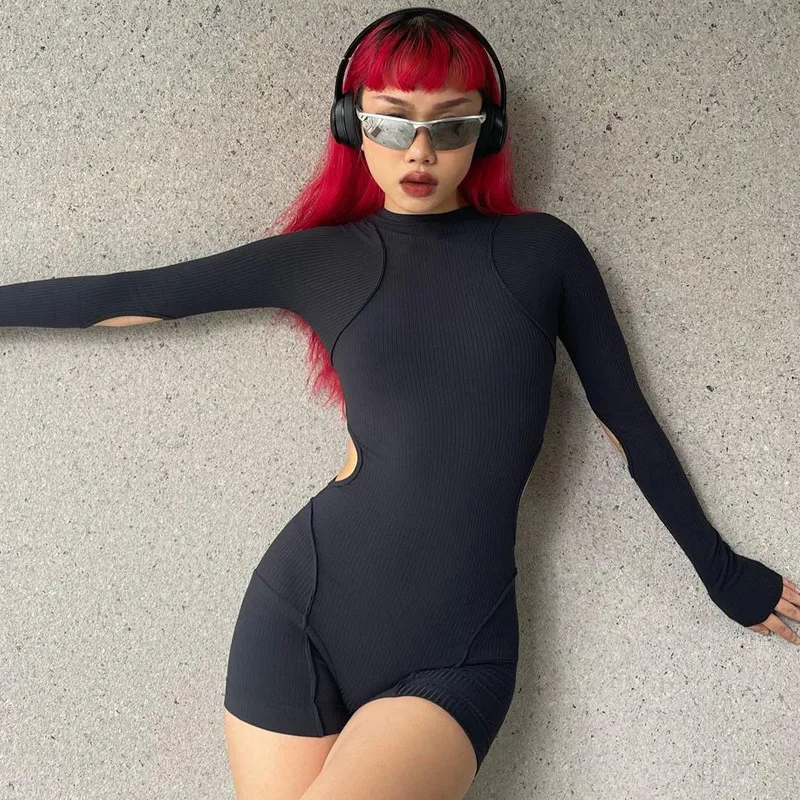BKLD 2022 Winter New Jumpsuit Women Shorts Solid Color Long Sleeve Hollow Out Skinny Fitness Romper Playsuits Black One Pieces