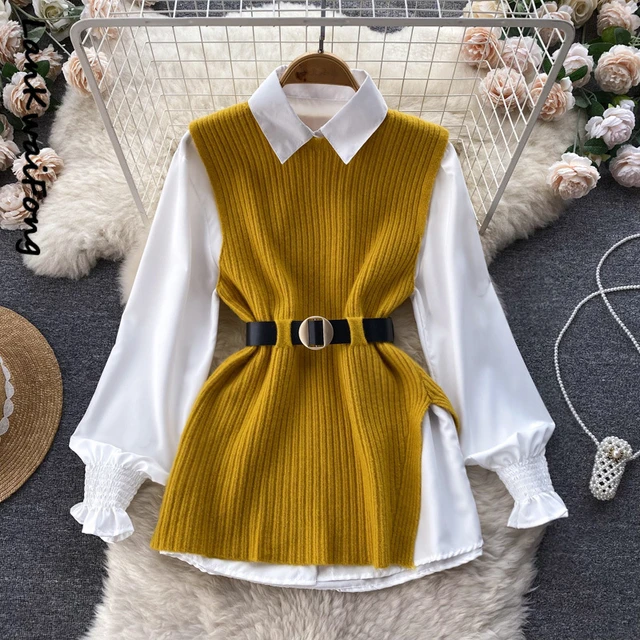 two piece knitted shirt top with belt