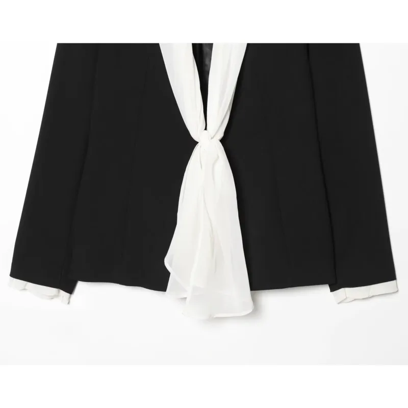 Women's Scarf Contrast Blazer 2026 Spring New Fashion V-neck Long Sleeve Coats Casual  Female Office Outwears - 6