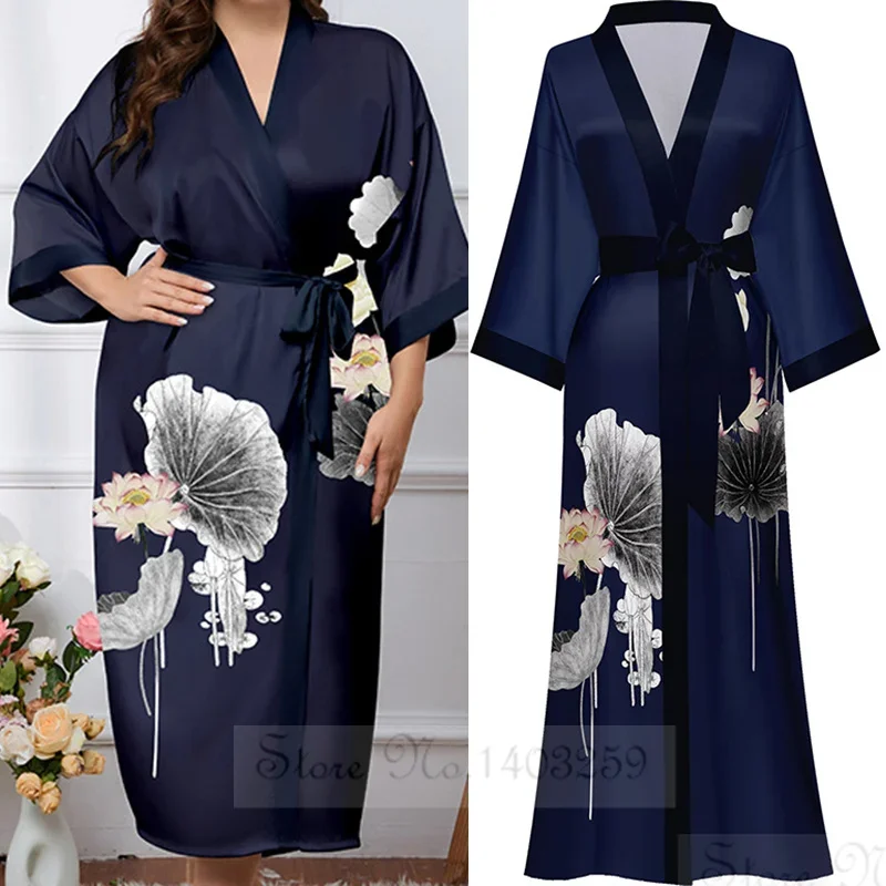 Japanese Style Printed Half Sleeved Kimono Bathrobe Gown Plus Size Women Long Robe Yukata Spring Autumn Satin HomeWear Sleepwear