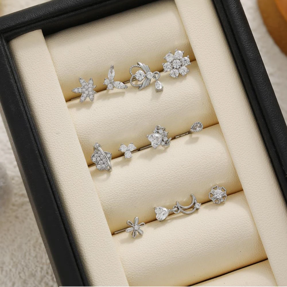 Exquisite Tiny Waterdrop Flower Heart Navel Piercing Rust Proof Hypoallergenic Geometric Zircon Stud Earrings Waterproof Jewelry