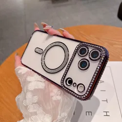 Transparent Rhinestone Glitter Phone Case with Magnetic Wireless Charging and Anti-Drop Protection for iPhone 17 Pro (PURPLE)