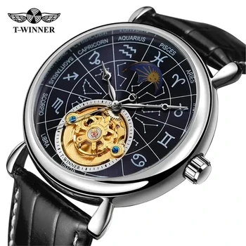 Fashion Winner Top Brand 8271 Men Automatic Mechanical Tourbillon Military Constellation 3Atm Waterproof Genuine Leather Watches 1