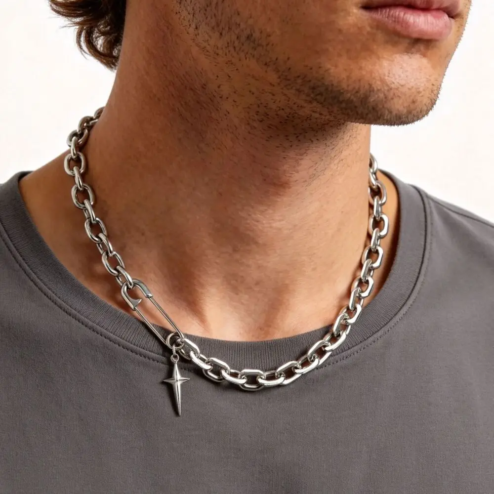 Hip-Hop-Spleißketten-Halskette für Männer und Jungen, Edelstahl-Büroklammer mit Vierpunkt-Stern-Anhänger, Punk-Streetwear-Schmuck