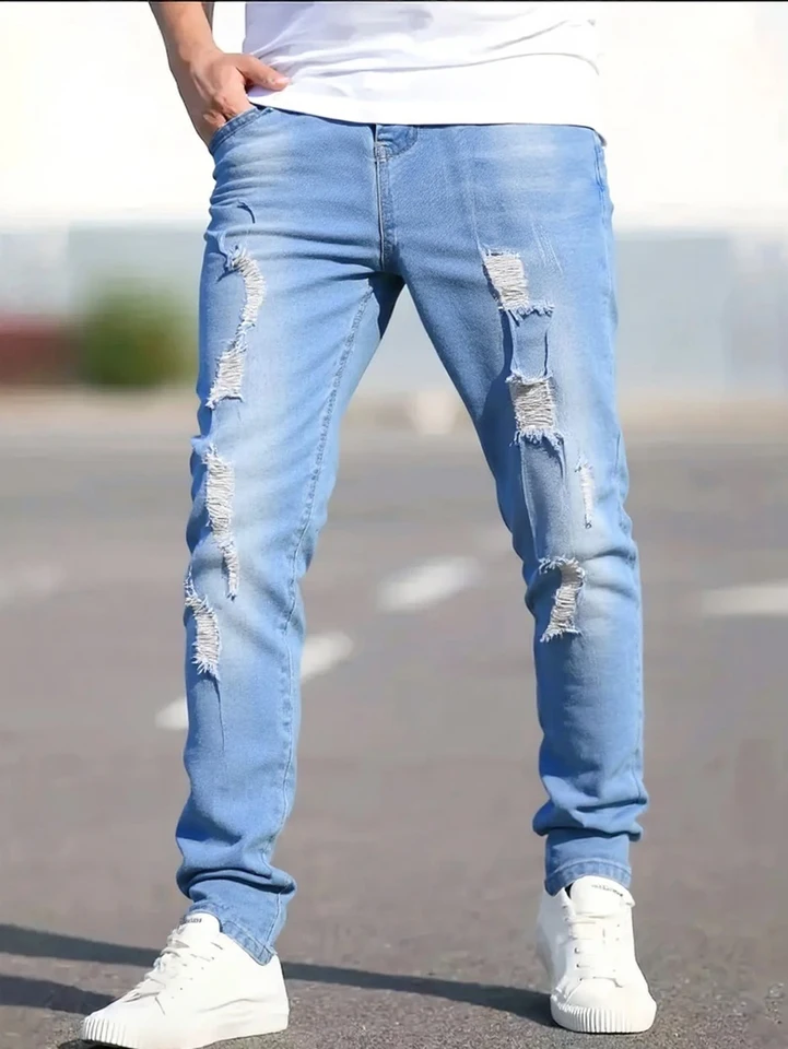 Men's Slim Fit Sky Blue Distressed Jeans