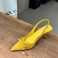 Women's Kitten Heels Slingbacks Sandals Leopard Genuine Leather Pointed Toe Party Wedding Shoes Woman Quality Pumps Bow - Image 3