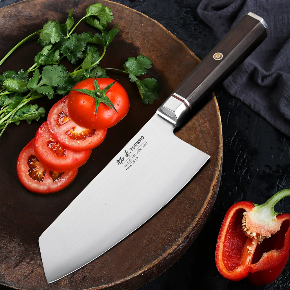 TURWHO 1-2pcs Sandvik 14C28N Stainless Steel Chef Knife Cooking Meat  Cleaver Knife Octagonal Ebony Handle