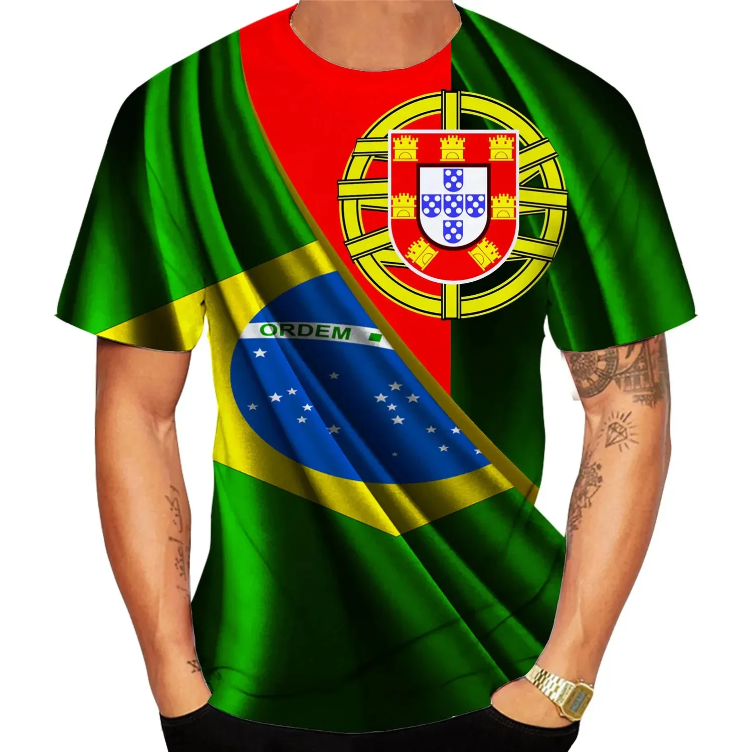 S12d3f5e7cbd34aa4b715c573a900e2d17 Camiseta 3D Bandeira Portugal e Brasil — Unissexo, Manga Curta 2024