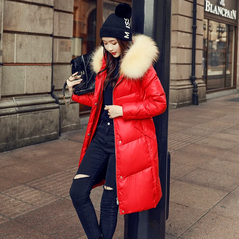 Women Hooded Down Jacket Medium Length Winter Thick Raccoon Fur Collar Black Red Coat