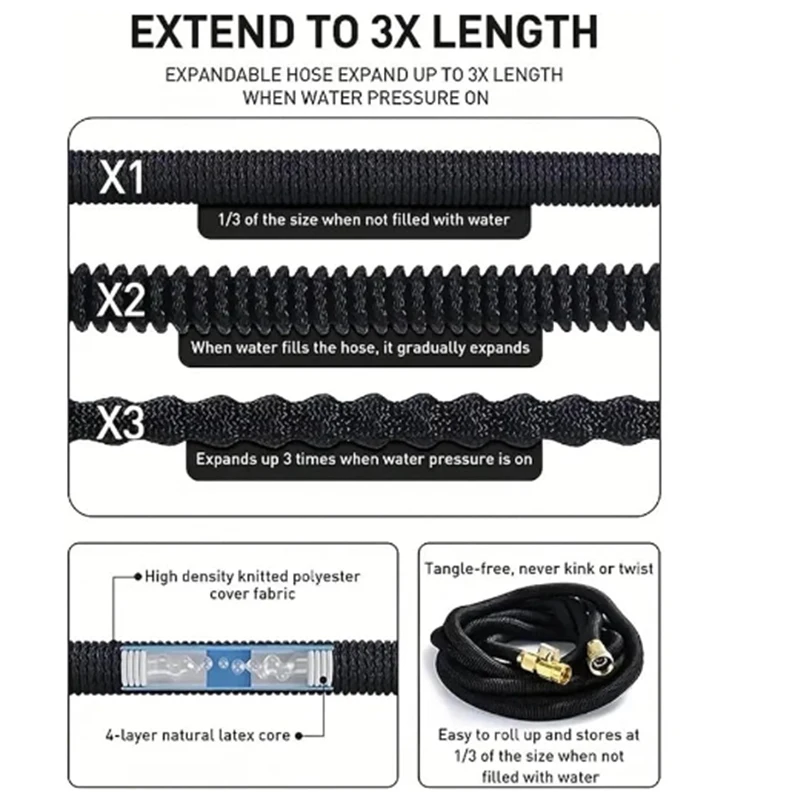 Expandable Water Hose High Pressure Expandable Water Pipe 3x Telescopic Car Washing Extension Hose Garden Irrigation Cleaning Tool